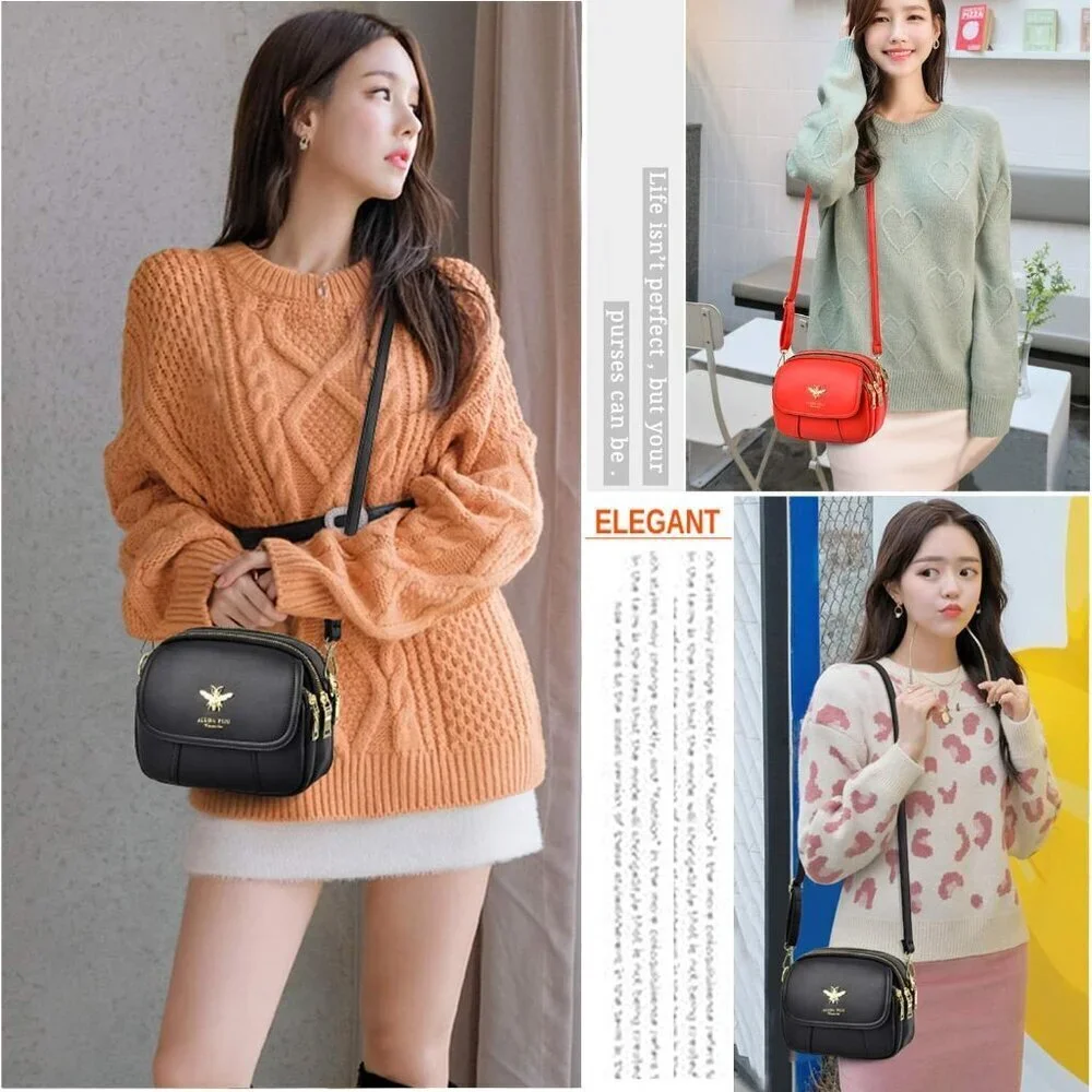 Small Faux Leather Crossbody Bag With Multiple Zipper Pockets for Women